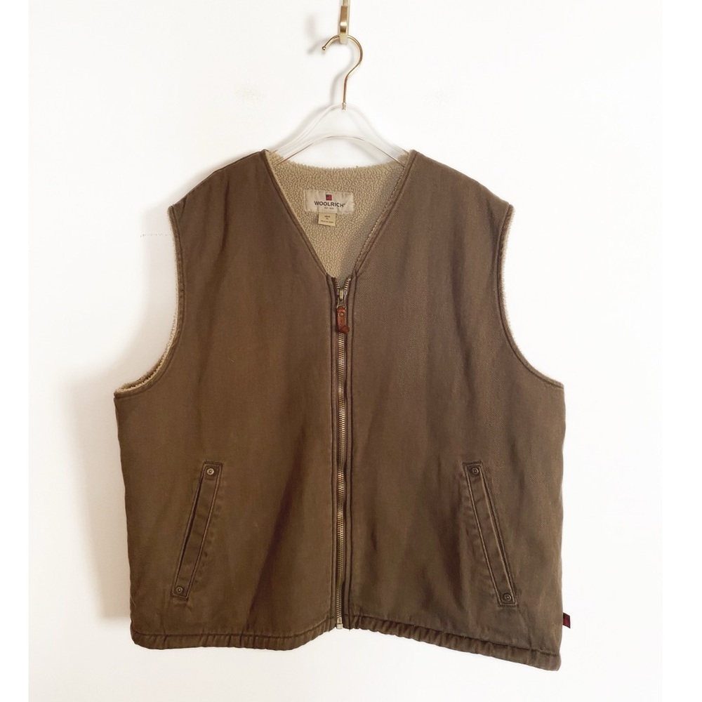 WOOLRICH Sherpa lined Canvas duck zip up Vest Brown Mens size XL - Picture 1 of 9
